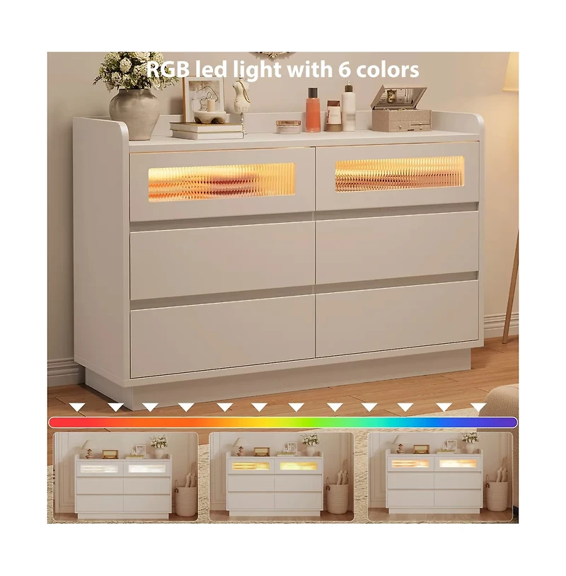 gaomon 6 Drawer Dresser with Led Lights, Wide Modern Wood Storage Chest for Bedroom Living Room