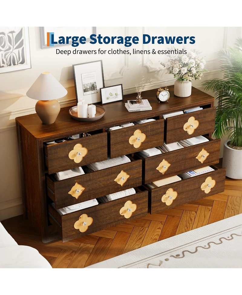 gaomon 54" Wide 7 Drawer Wood Dresser with Decorative Fronts and Crystal Knobs, Storage Tv Stand Organizer