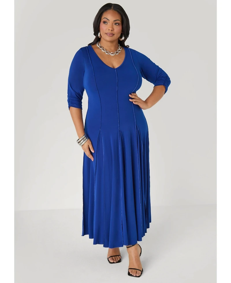 Ashley Stewart Women's Plus Ruched Sleeve Seamed Maxi Dress