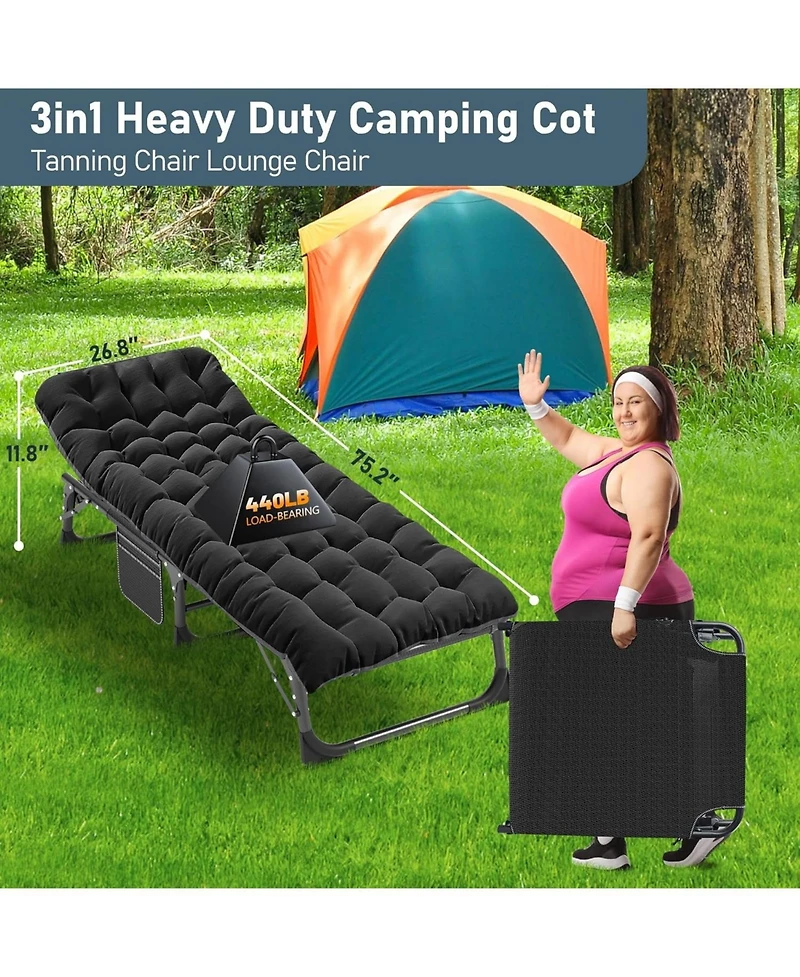 Aboron Heavy Duty 3-in-1 Folding Camping Cot with Mattress and Carry Bag. 75"x27" 1200D Double-Layer Bed for Home, Office, or Travel