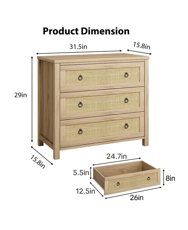 gaomon 3 Drawer Rattan Dresser for Bedroom, Tall Freestanding Boho Chest of Drawers