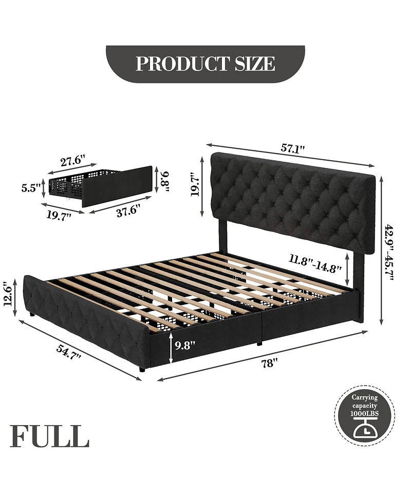 homfan Upholstered Platform Bed Frame with 4 Storage Drawers and Adjustable Diamond-Tufted Headboard