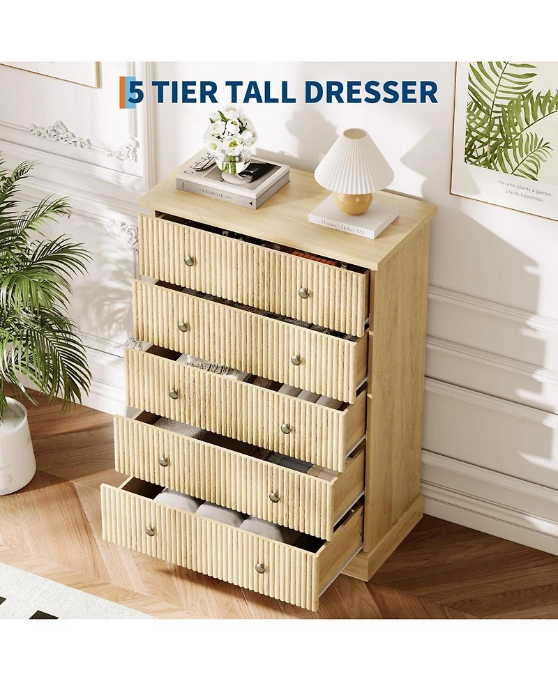 gaomon 5 Drawer Dresser for Bedroom, Tall Vertical Chest of Drawers, Fluted Wood Clothing Storage Small Spaces