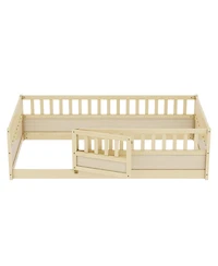 flynama Montessori Wooden Floor Bed With High Barrier And Door Wood For Kids Bedroom