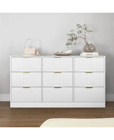 Rainsken 63" Wide Modern Fluted Dresser,with 9 Drawers, with Smooth Slides and Gold Handles, for Bedroom Living Room