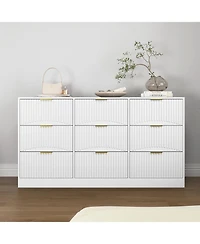 Rainsken 63" Wide Modern Fluted Dresser,with 9 Drawers, with Smooth Slides and Gold Handles, for Bedroom Living Room