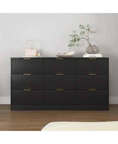 Rainsken 63" Wide Modern Fluted Dresser,with 9 Drawers, with Smooth Slides and Gold Handles, for Bedroom Living Room