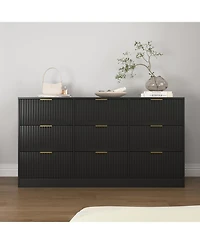 Rainsken 63" Wide Modern Fluted Dresser,with 9 Drawers, with Smooth Slides and Gold Handles, for Bedroom Living Room