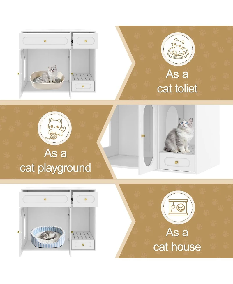 6thdruple Modern Green Cat Litter Box Cabinet, Led Hidden Cat House with Storage Drawers