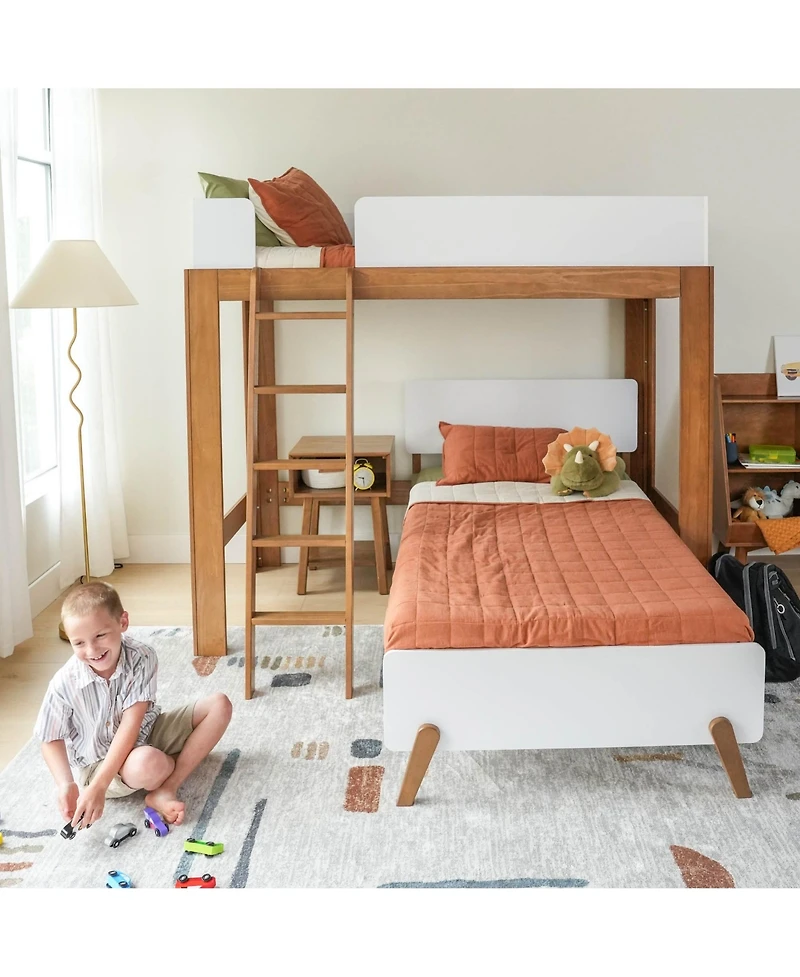 Max and Lily Mid-Century Modern Twin over L-Shaped Bunk Bed, Solid Wood, White/Pecan