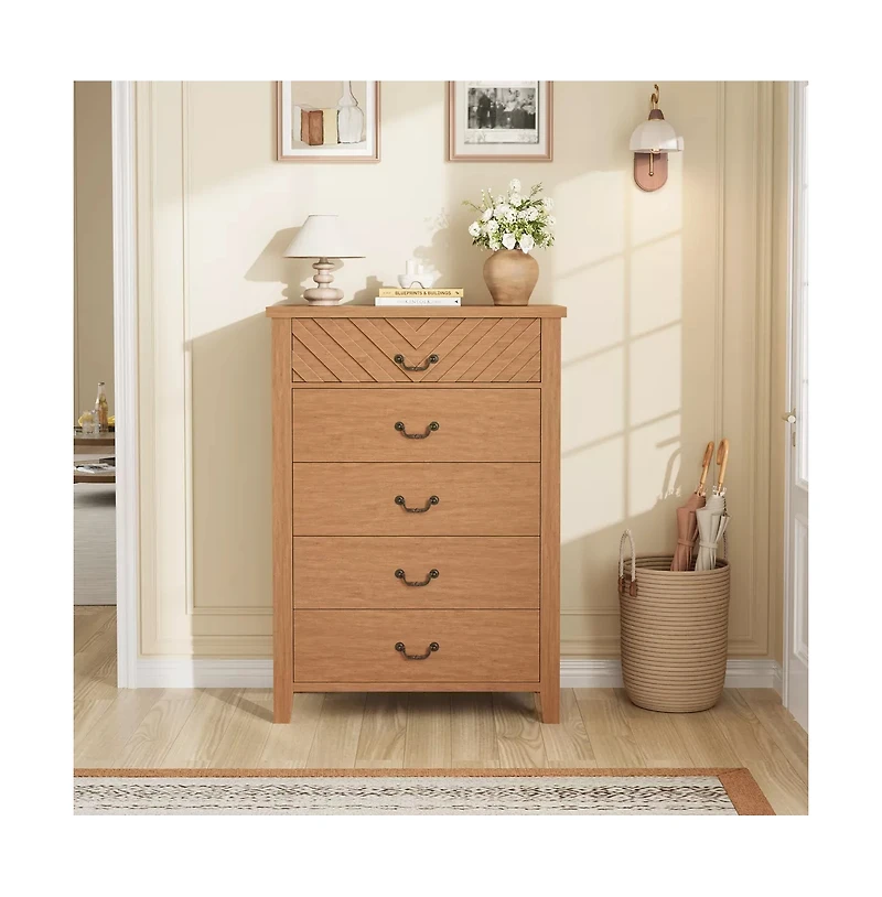gaomon Farmhouse 5-Drawer Dresser for Bedroom, Freestanding Vertical Wooden Storage Chest