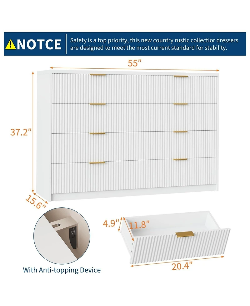 gaomon 8 Drawer Fluted Dresser with Metal Handles, 55" Wide Modern Wood Chest for Bedroom Living Room Entryway