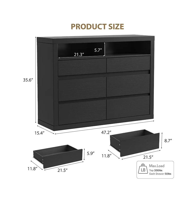 gaomon 6 Drawer Modern Wooden Dresser with 2 Open Shelves, 47" Wide Handleless Storage Chest for Bedroom