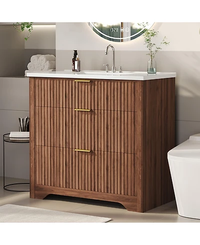 Gaomon Fluted Bathroom Vanity with Ceramic Sink Freestanding Cabinet with Soft-Close Drawers and 1 Rotating-Down Drawer 36 In