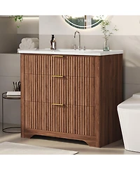 Gaomon Fluted Bathroom Vanity with Ceramic Sink Freestanding Cabinet with Soft-Close Drawers and 1 Rotating-Down Drawer 36 In