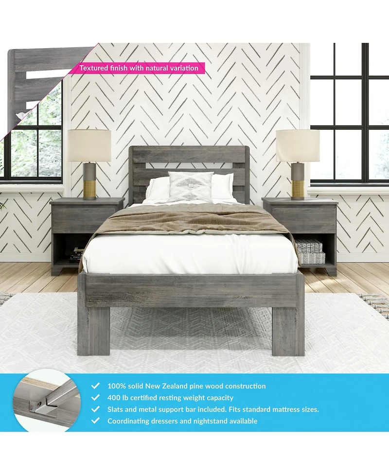 Max and Lily Twin Bed Frame, Farmhouse Solid Wood Platform with Slatted Headboard, Driftwood