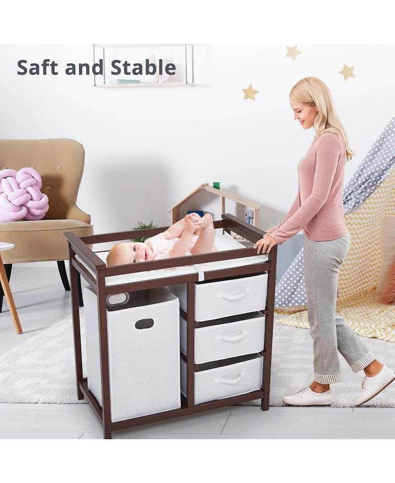gaomon Wooden Baby Changing Table, Infant Diaper Station Dresser with Laundry Hamper, 3 Drawer Basket and Pad