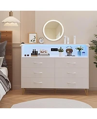 gaomon 6 Drawer Dresser with Led Lights and Charging Station, Wood Storage Chest Steel Frame