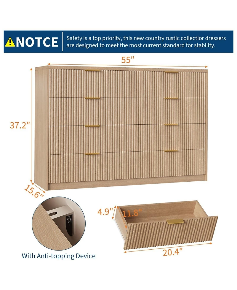 gaomon 8 Drawer Fluted Dresser with Metal Handles, 55" Wide Modern Wood Chest for Bedroom Living Room Entryway