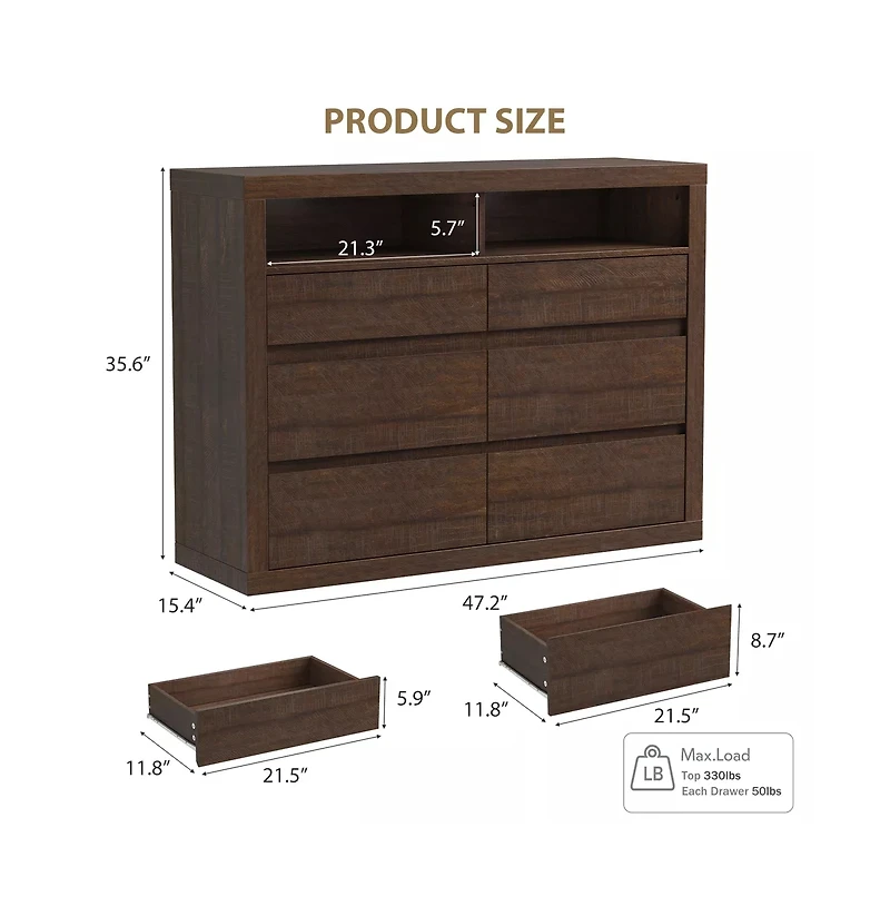 gaomon 6 Drawer Modern Wooden Dresser with 2 Open Shelves, 47" Wide Handleless Storage Chest for Bedroom