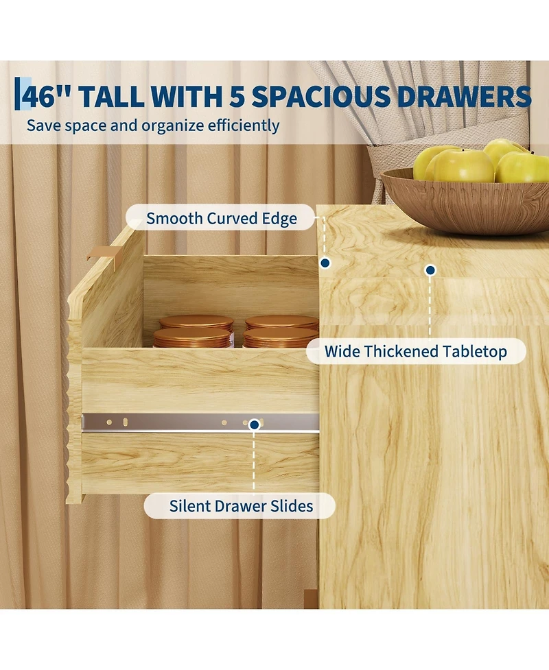 gaomon Fluted 5 Drawer Dresser with Gold Handles, 46" Tall Wood Storage Cabinet with Curved Profile for Bedroom
