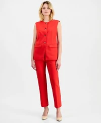 Anne Klein Womens Crewneck Button Front Vest Stretch Crepe Pull On Hollywood Waist Straight Ankle Pants