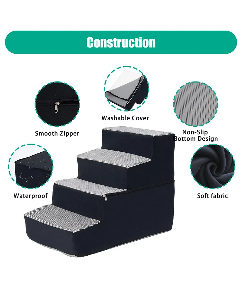 Aostirmotor 4-Step Dog Stairs for Small Medium Dogs and Cats, 18"H High Density Foam Pet Ramp with Non-Slip Bottom, Grey