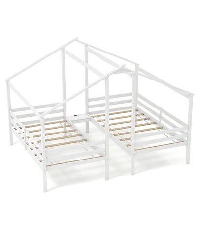Gouun Double Twin Wood House Bed Set with Shared Built-In Nightstand and Usb Charging