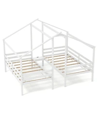 Gouun Double Twin Wood House Bed Set with Shared Built-In Nightstand and Usb Charging