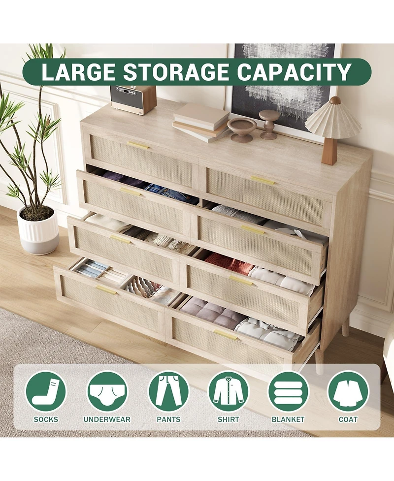 gaomon 8 Drawer Dresser for Bedroom, Rattan Dresser with Metal Handles, Farmhouse Chest of Drawer