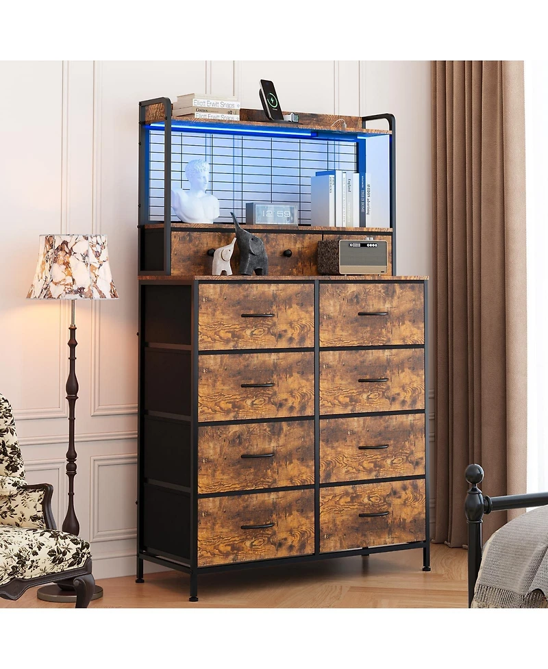 gaomon 11 Drawer Fabric Dresser with Charging Station, Wireless Charger and Rgb Led Lights Storage Organizer