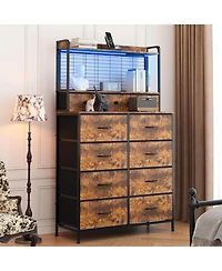 gaomon 11 Drawer Fabric Dresser with Charging Station, Wireless Charger and Rgb Led Lights Storage Organizer