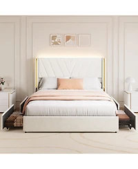 gaomon Velvet Upholstered Bed Frame with Led Lights, 4 Drawers, Wingback Headboard and Charging Station, No Box Spring