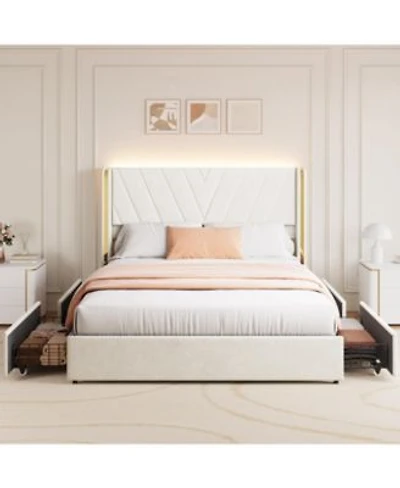 Gaomon Velvet Upholstered Bed Frame With Led Lights 4 Drawers Wingback Headboard Charging Station No Box Spring