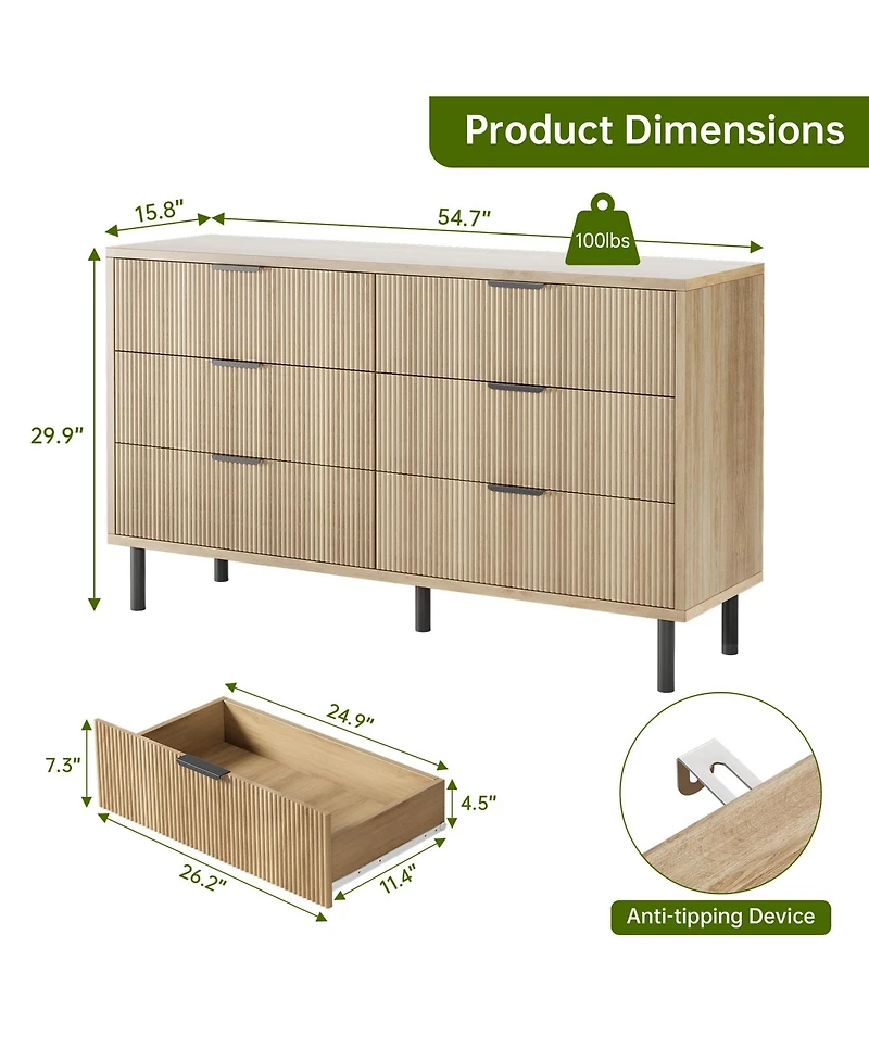 gaomon 6-Drawer Fluted Dresser for Bedroom, Modern Wide Chest of Drawers with Metal Legs Storage Cabinet