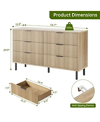 gaomon 6-Drawer Fluted Dresser for Bedroom, Modern Wide Chest of Drawers with Metal Legs Storage Cabinet