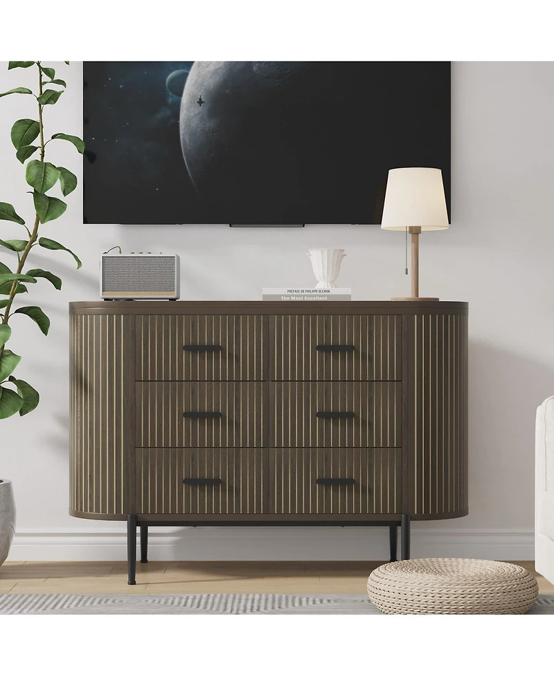 gaomon Fluted 6 Drawer Dresser, Mid Century Modern Wood Chest with Curved Design and Gold Handles