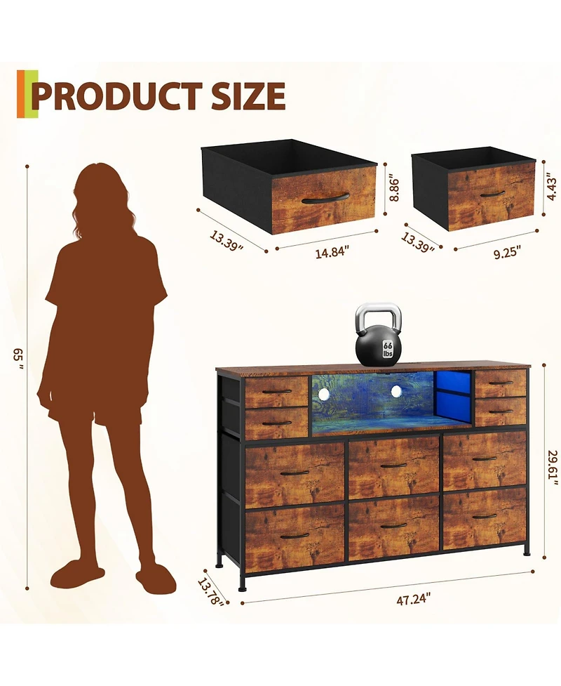 gaomon 10 Drawer Fabric Dresser Tv Stand with Led Lights and Power Outlets, 45"-55" Entertainment Center