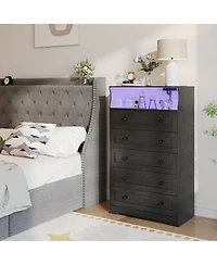 gaomon 5 Drawer Dresser with Open Shelf, Led Lights and Charging Station, Tall Wood Storage Cabinet for Bedroom
