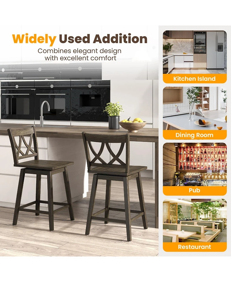 Slickblue 2 Piece Wooden Bar Stool Set Rubber Wood Frame Chairs