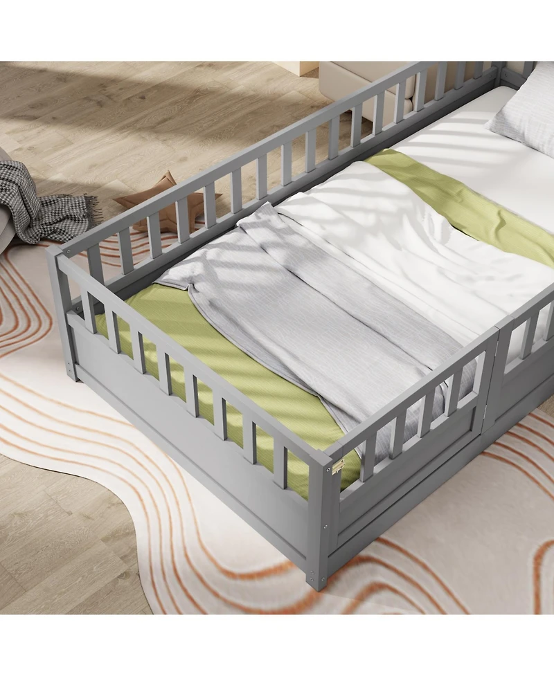 Rainsken Montessori Floor Bed, with Fence and Open Door, Children's Bed Frame