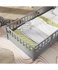 Rainsken Montessori Floor Bed, with Fence and Open Door, Children's Bed Frame