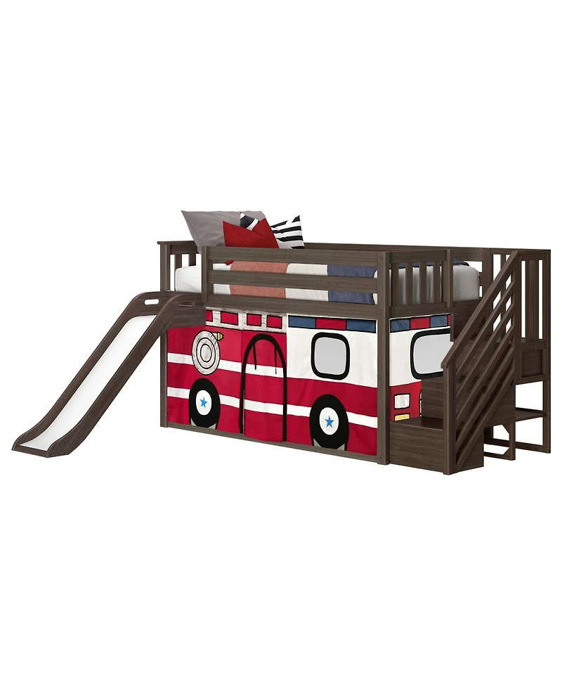 Max & Lily Low Twin over Bunk With Stairs, Easy Slide and Firetruck Curtain