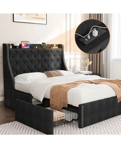 Gaomon Upholstered Bed Frame With 4 Storage Drawers Wingback Headboard Charging Station