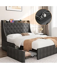 gaomon Upholstered Bed Frame with 4 Storage Drawers, Wingback Headboard and Charging Station