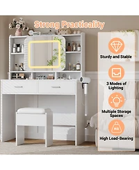 Homfan Vanity Desk with Sliding Mirror, Charging Station, 2 Drawers, Cushioned Stool, 3 Lighting Modes, Dressing Table for Bedroom, Studio