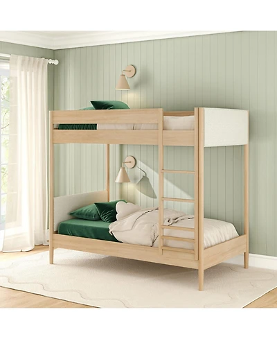 Max & Lily Harbor Twin Over Wood Bunk Bed with Upholstered Headboard, Blonde/Swiss Coffee