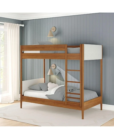 Max & Lily Harbor Twin Over Wood Bunk Bed with Upholstered Headboard, Blonde/Swiss Coffee