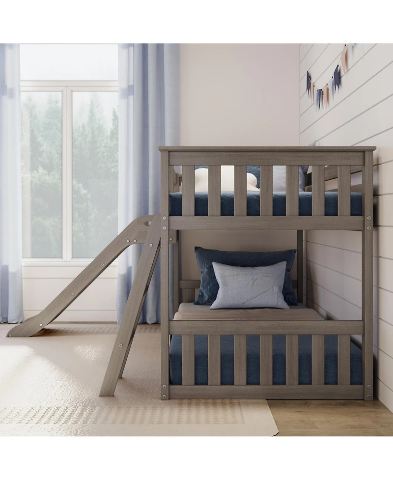 Max & Lily Twin Over Low Bunk Bed with Slide, Solid Wood Kids Platform Guardrails