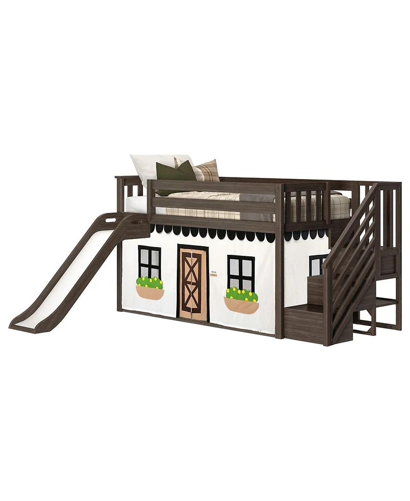 Max & Lily Low Loft With Stairs, Easy Slide and Black White Farmhouse Curtain
